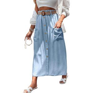 Lightweight Summer Boho Denim Maxi Skirt in Light Blue - Elastic Waist A-Line